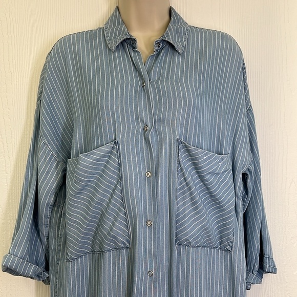 Zara - Light Blue White Stripe Button Down Lightweight Midi Dress Size Medium - Picture 3 of 11
